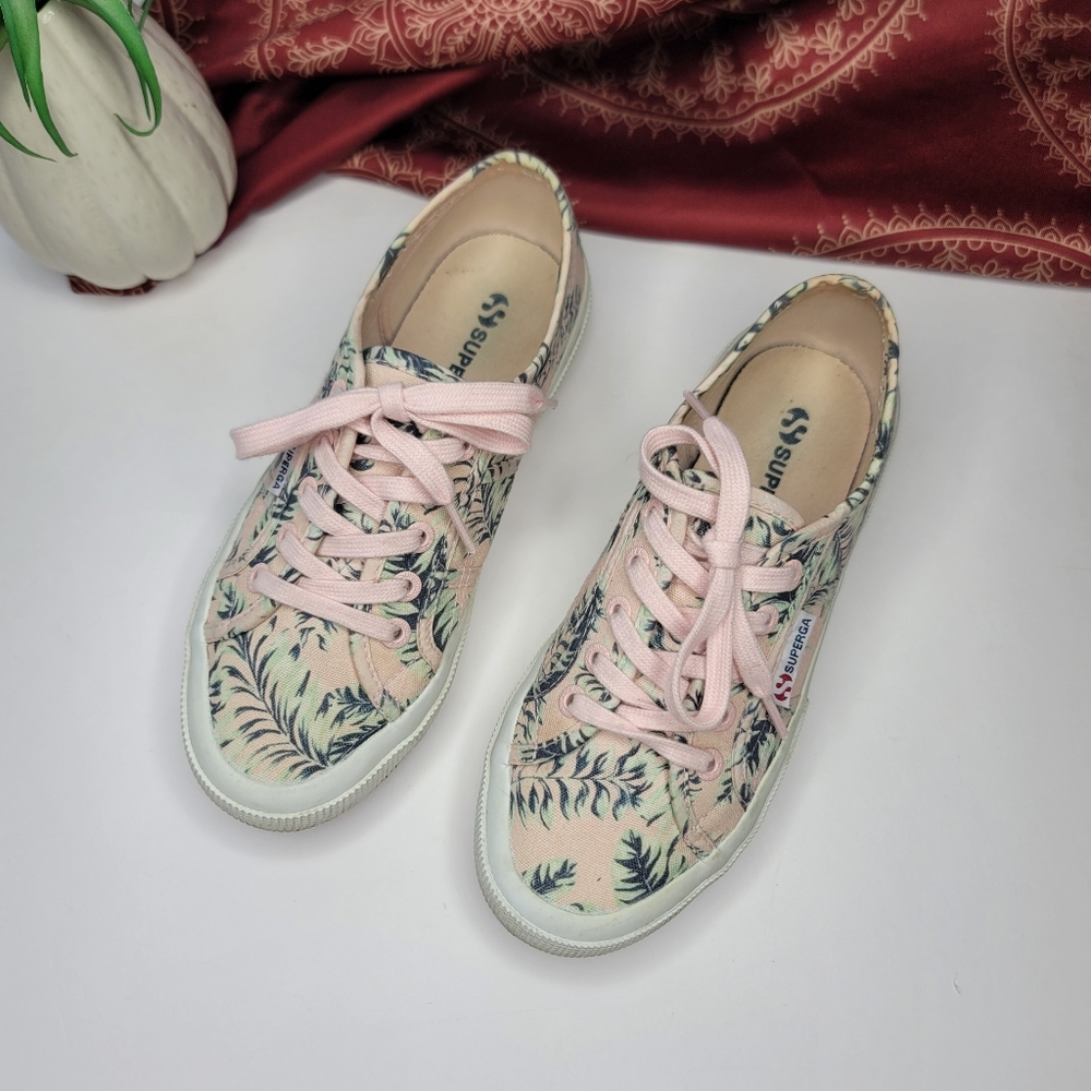 Superga Canvas Shoes Pink Green Leaf Print Size 6